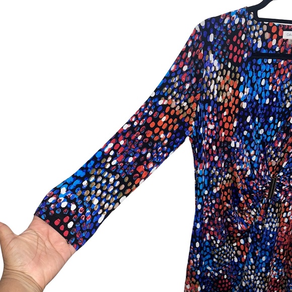 Calvin Klein Wrap-Style Multicolor Polka Dot Gold Waist Buckle Arsty Dress Sz 12 - Picture 2 of 15